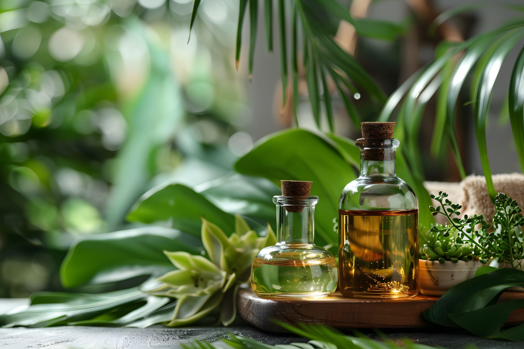 Ein Holztablett mit zwei Flaschen mit Öl umgeben von Grünpflanzen